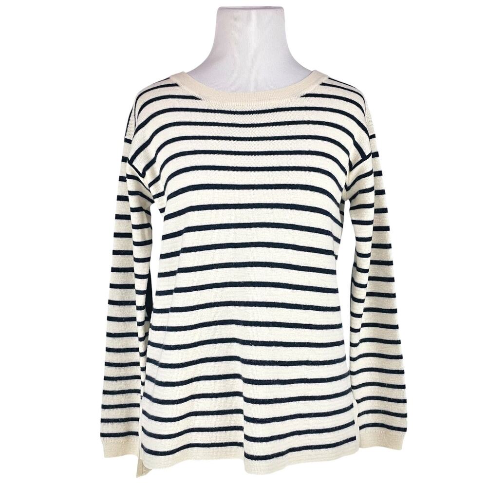 J. CREW 100% Merino Wool Striped Leather Panel Swing Sweater Ivory & Navy Size S